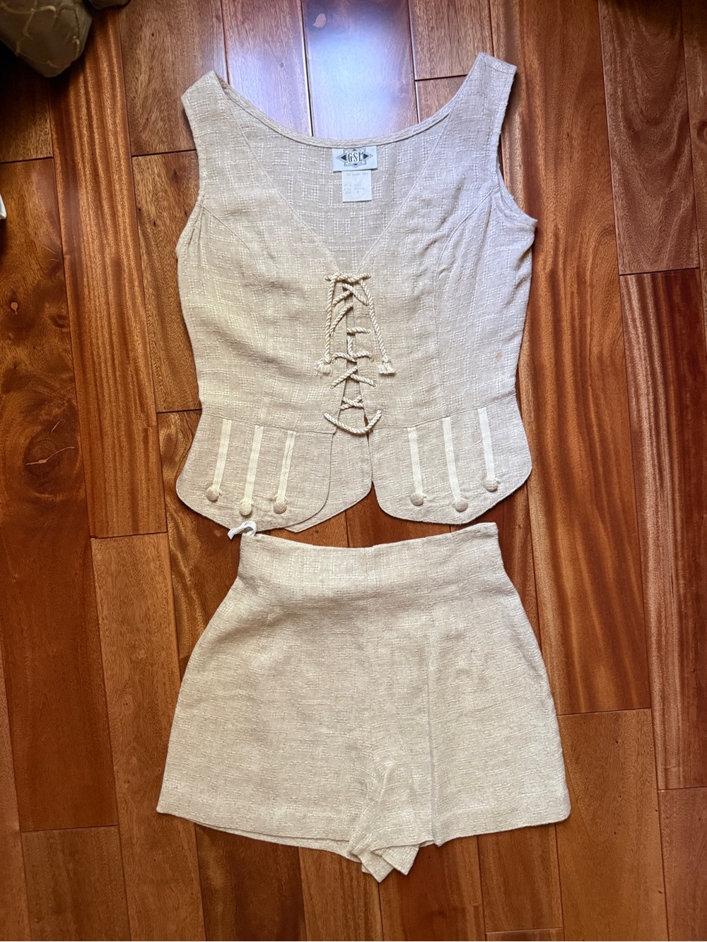 Beige GSL Vintage Two-Piece Linen Blend Tank & Shorts Set